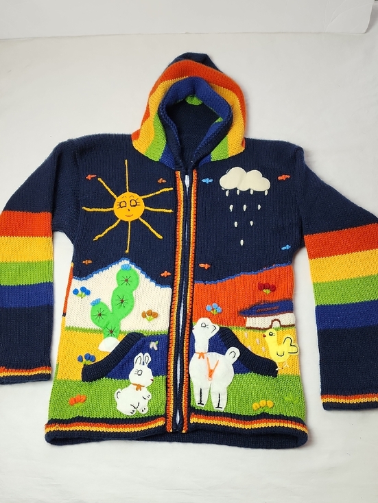 Other - Peruvian Child's Colorful Hand-Knit Hooded Zip Cardigan Animals Rainbow Stripes